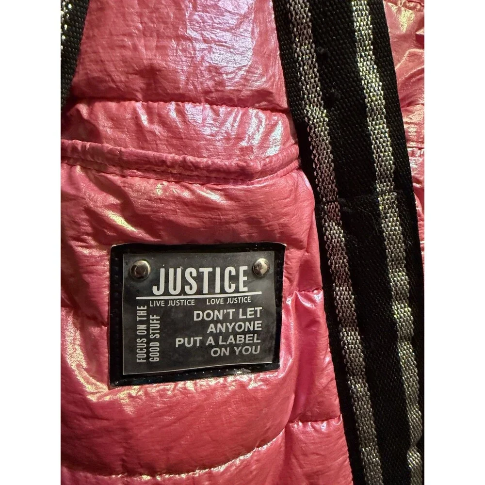 Justice Shiny Pink Quilted Tote with Black & Silver Straps EUC